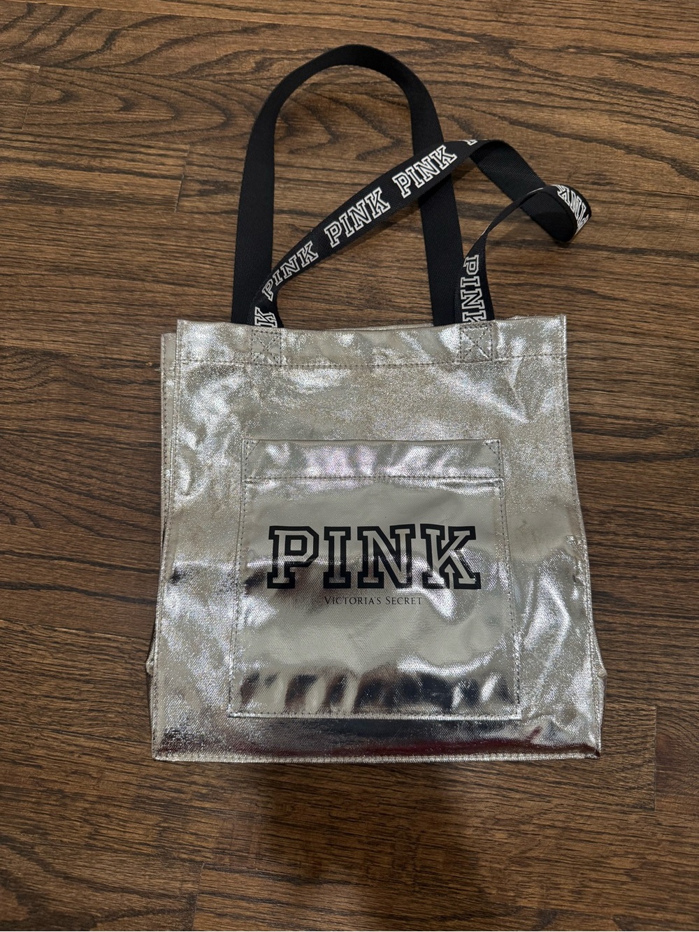 Victoria's Secret PINK Silver Metallic Logo Tote with Black Logo Straps